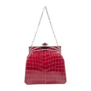 Judith Leiber alligator Art Deco bag red crystal embellished silver frame chain